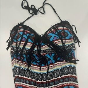 La Vie en Rose Aqua Maxi dress / tribal pattern / fringed top